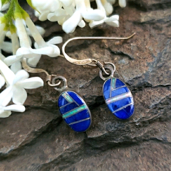 Vtg Genuine Lapis Opal Mosaic Silver Drop Earrings - Picture 5 of 16
